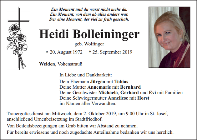 Traueranzeige Heidi Bolleininger Weiden