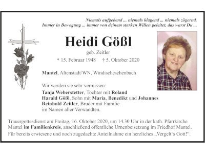 Traueranzeige Heidi Gößl, Mantel 400x300