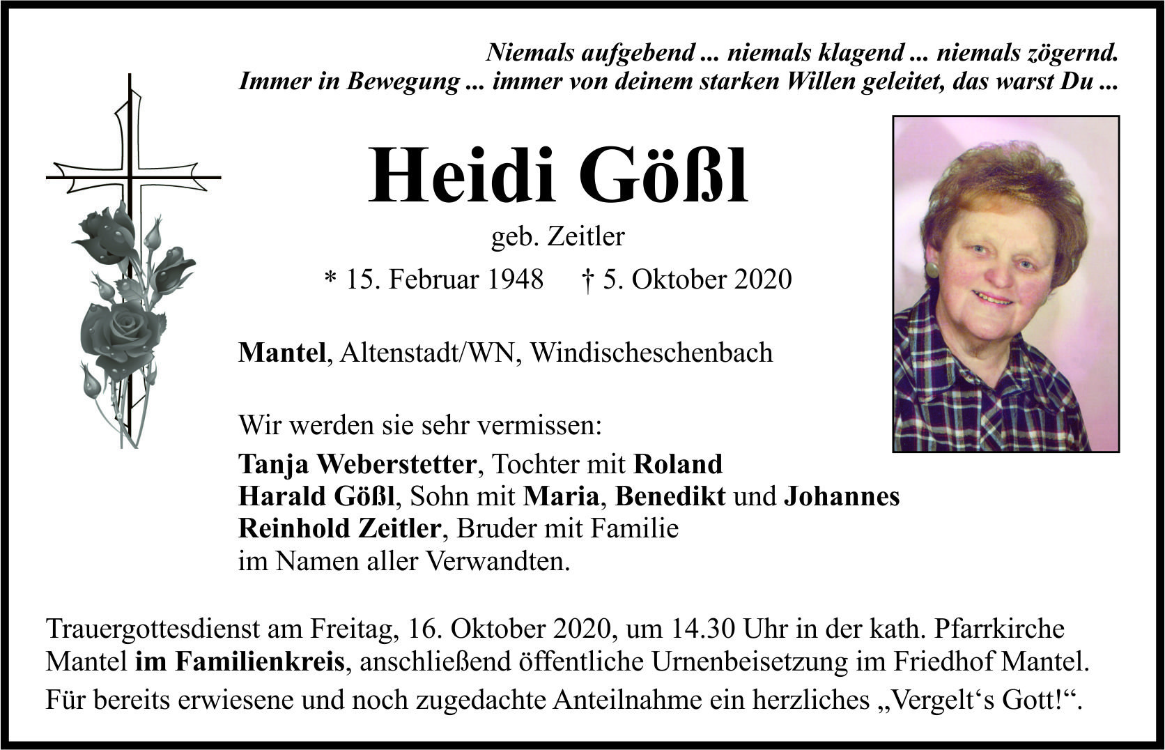 Traueranzeige Heidi Gößl, Mantel