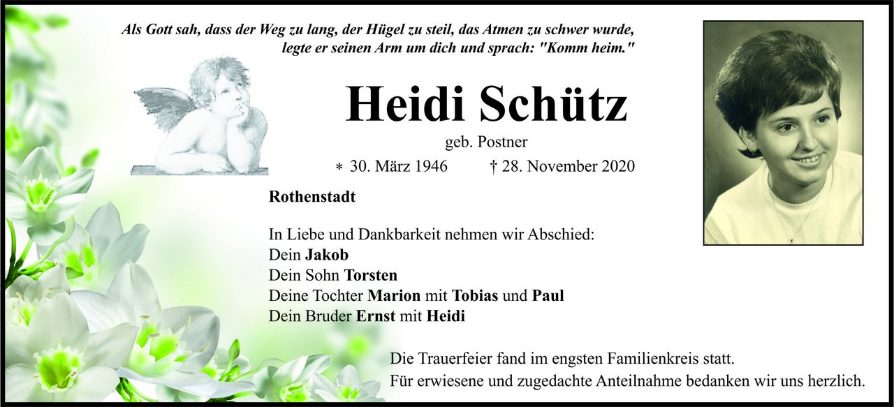 Traueranzeige Heidi Schütz, Rothenstadt
