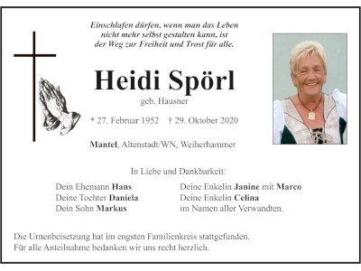 Traueranzeige Heidi Spörl, Mantel 400x300