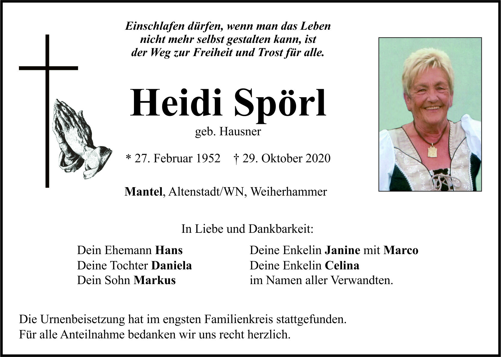 Traueranzeige Heidi Spörl, Mantel