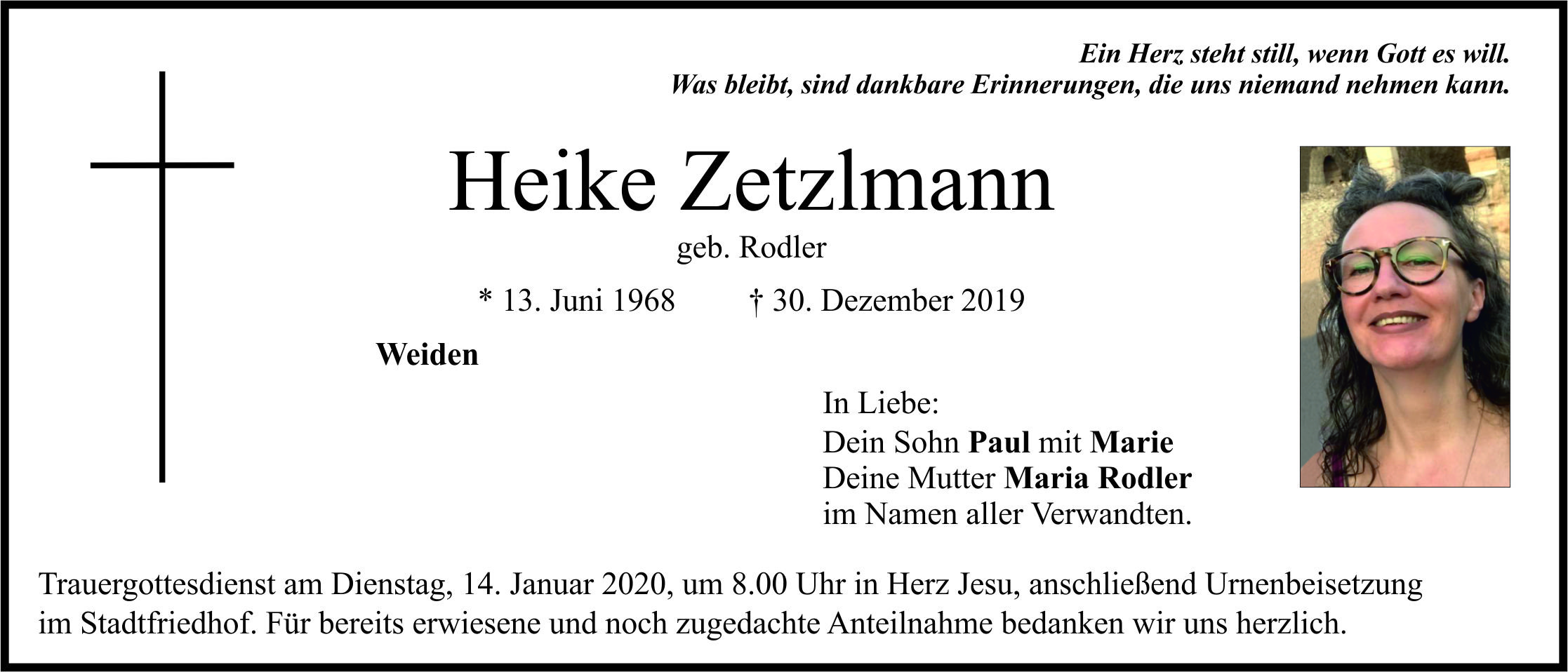 Traueranzeige Heike Zetzlmann, Weiden