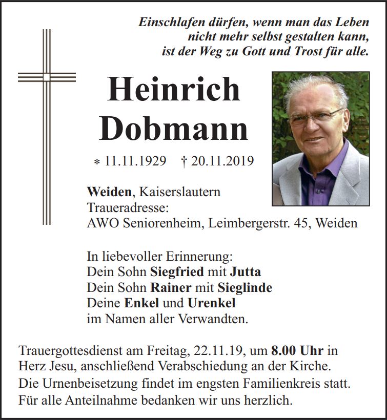 Traueranzeige Heinrich Dobmann, Weiden
