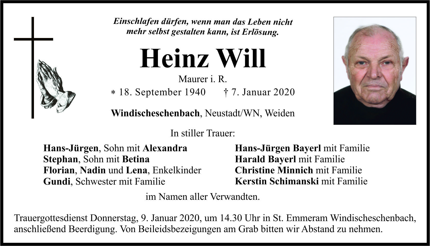 Traueranzeige Heinz Will, Windischeschenbach, NeustadtWN, Weiden