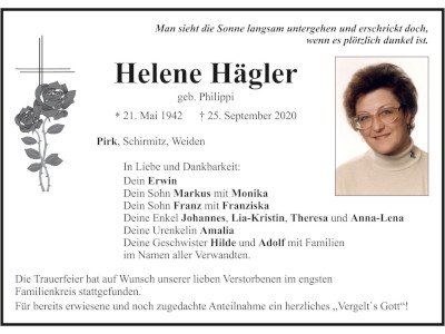 Traueranzeige Helene Hägler, Pirk 400x300