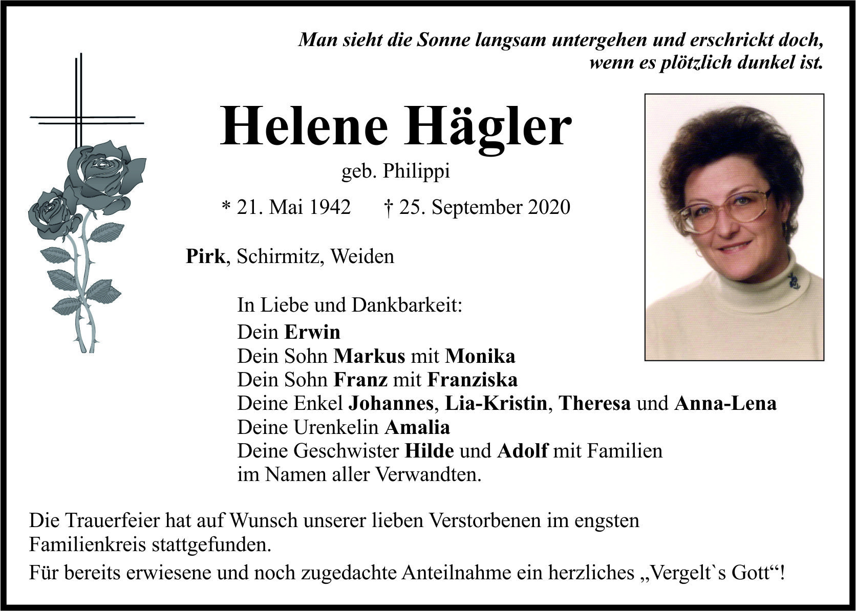 Traueranzeige Helene Hägler, Pirk