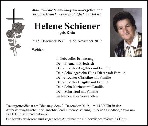 Traueranzeige Helene Schiener Weiden