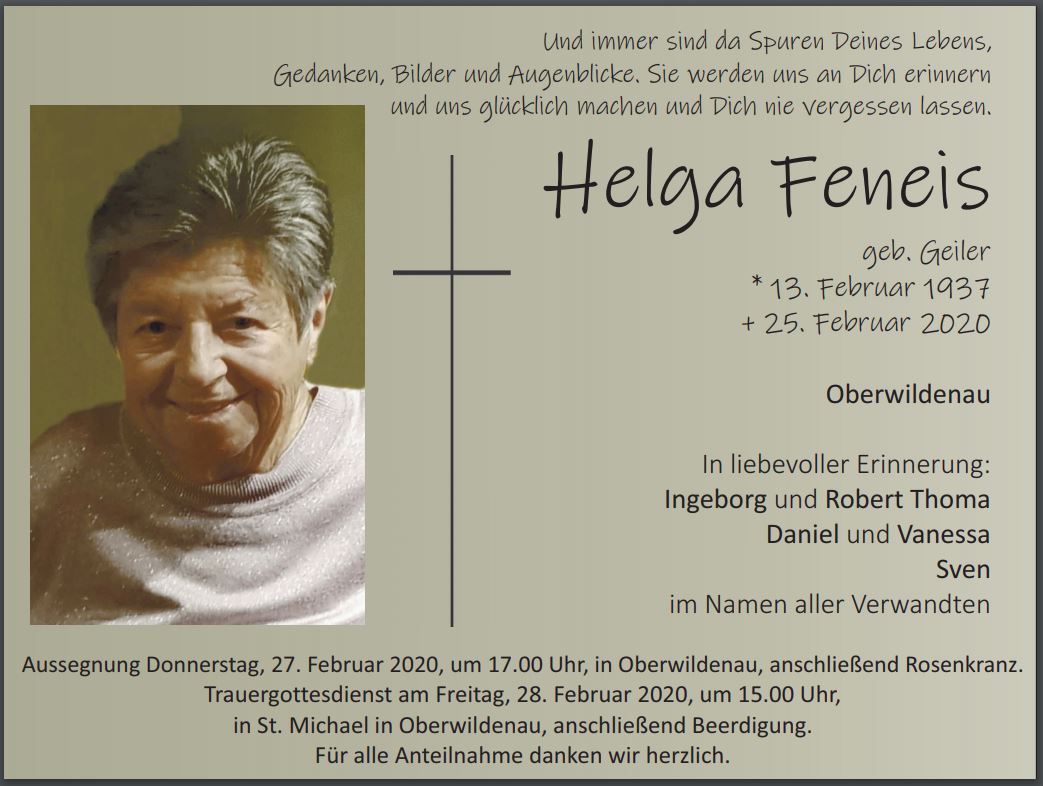 Traueranzeige Helga Feneis, Oberwildenau