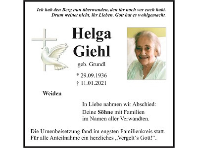 Traueranzeige Helga Giehl Weiden 400x300