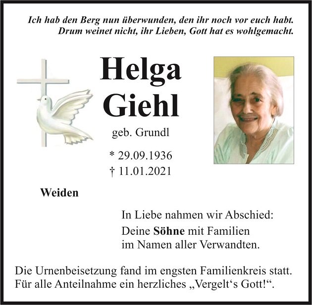 Traueranzeige Helga Giehl Weiden