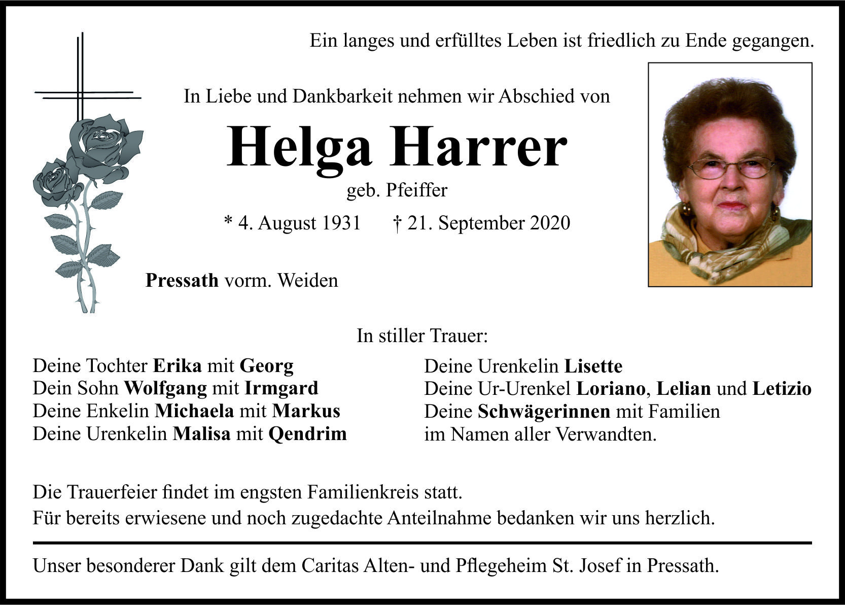 Traueranzeige Helga Harrer, Pressath