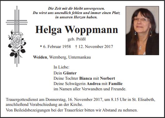 Traueranzeige Helga Woppmann, Weiden