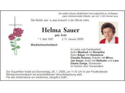 Traueranzeige Helma Sauer, Windischeschenbach 400 300