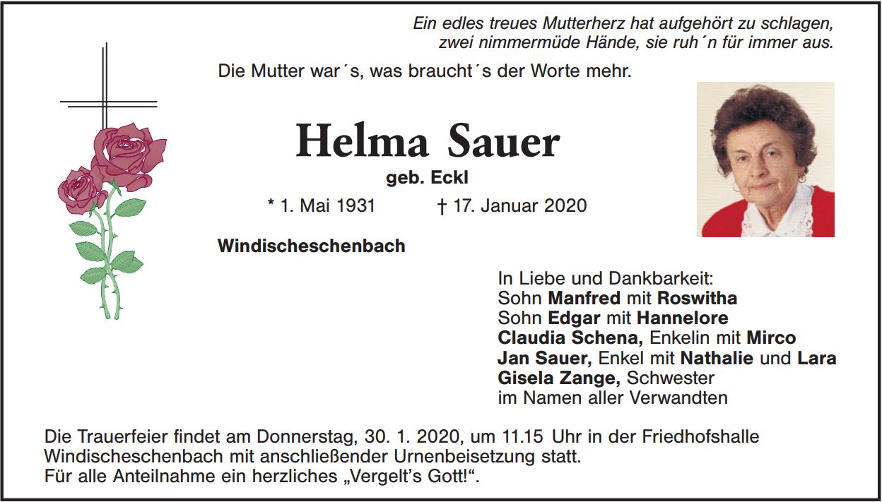 Traueranzeige Helma Sauer, Windischeschenbach