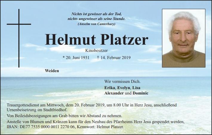 Traueranzeige Helmut Platzer Weiden