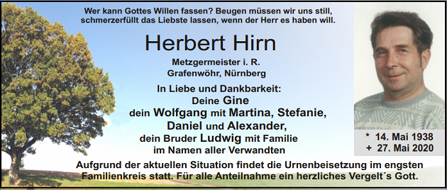 Traueranzeige Herbert Hirn Grafenwöhr