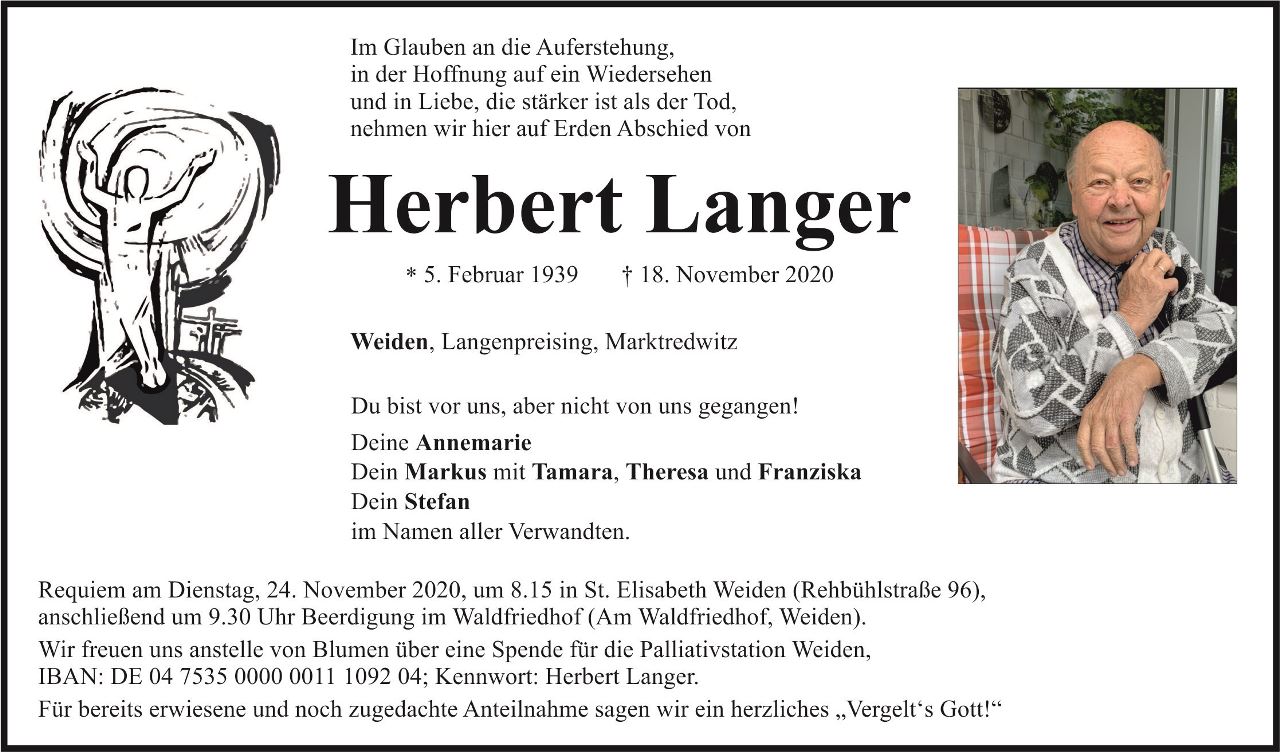 Traueranzeige Herbert Langer, Weiden
