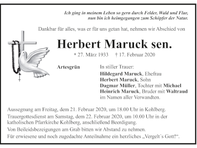 Traueranzeige Herbert Mauruck Artesgrün 400