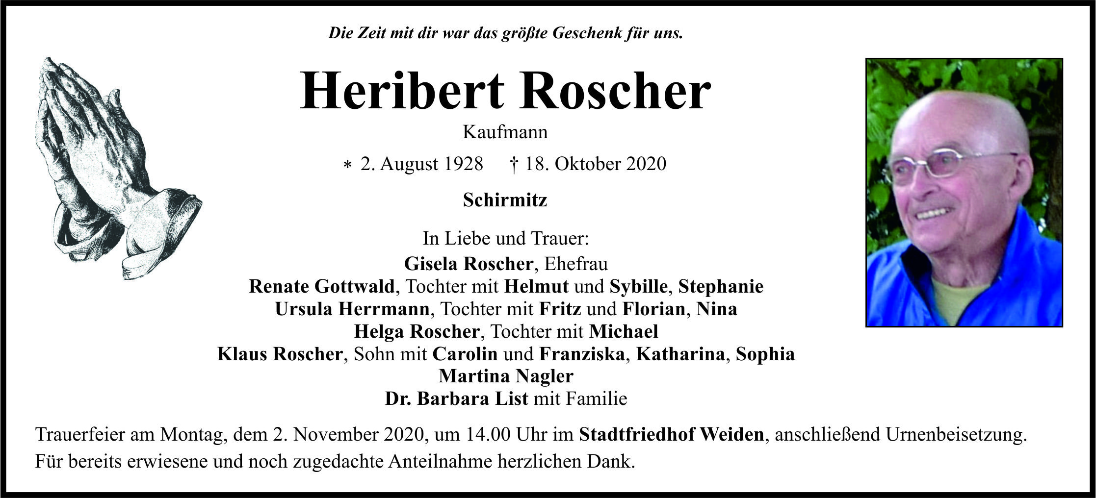 Traueranzeige Heribert Roscher, Schirmitz