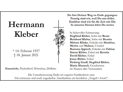 Traueranzeige Hermann Kleber Etzenricht 400x300