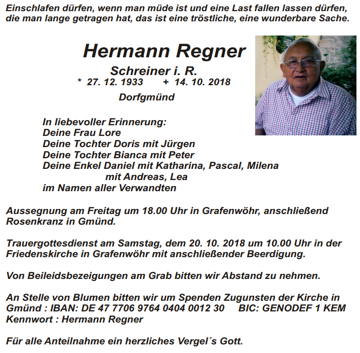 Traueranzeige Hermann Regner Dorfgmünd