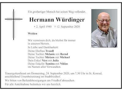 Traueranzeige Hermann Würdinger, Weiden 400x300