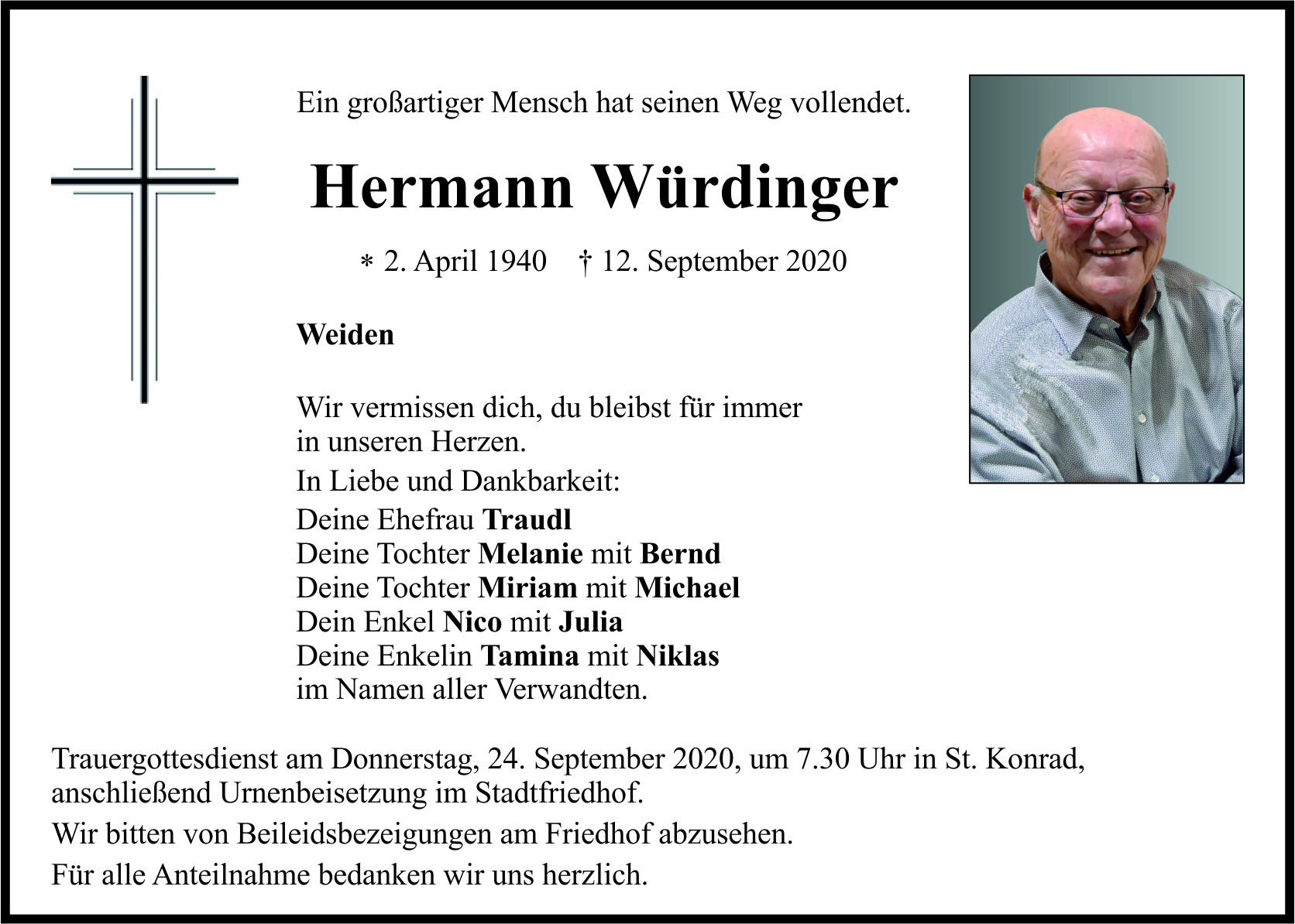 Traueranzeige Hermann Würdinger, Weiden