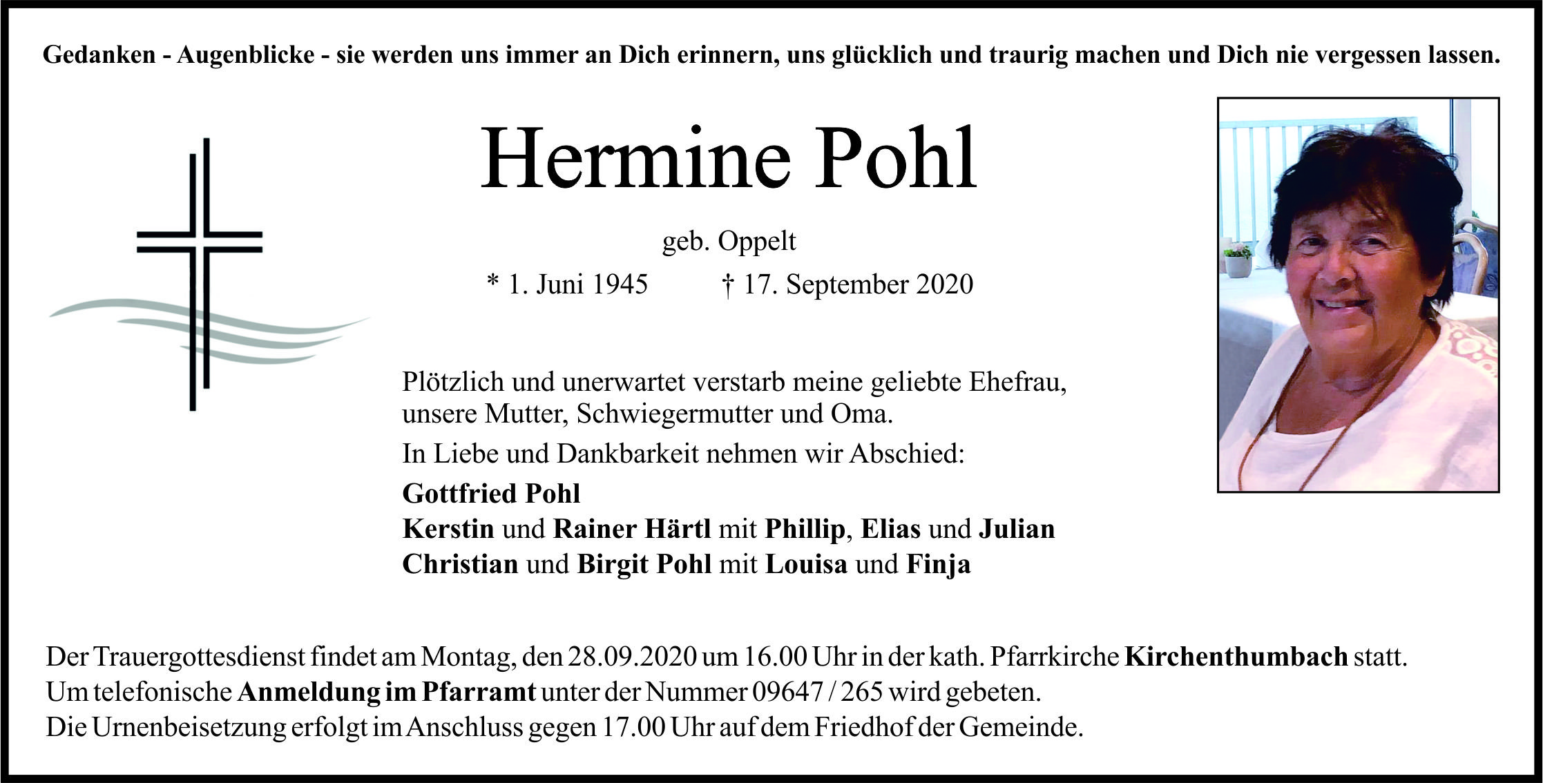 Traueranzeige Hermine Pohl, Kirchenthumbach
