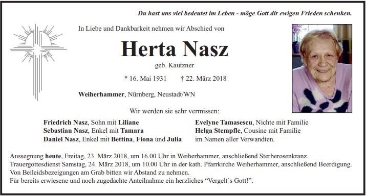 Traueranzeige Herta Nasz Weiherhammer