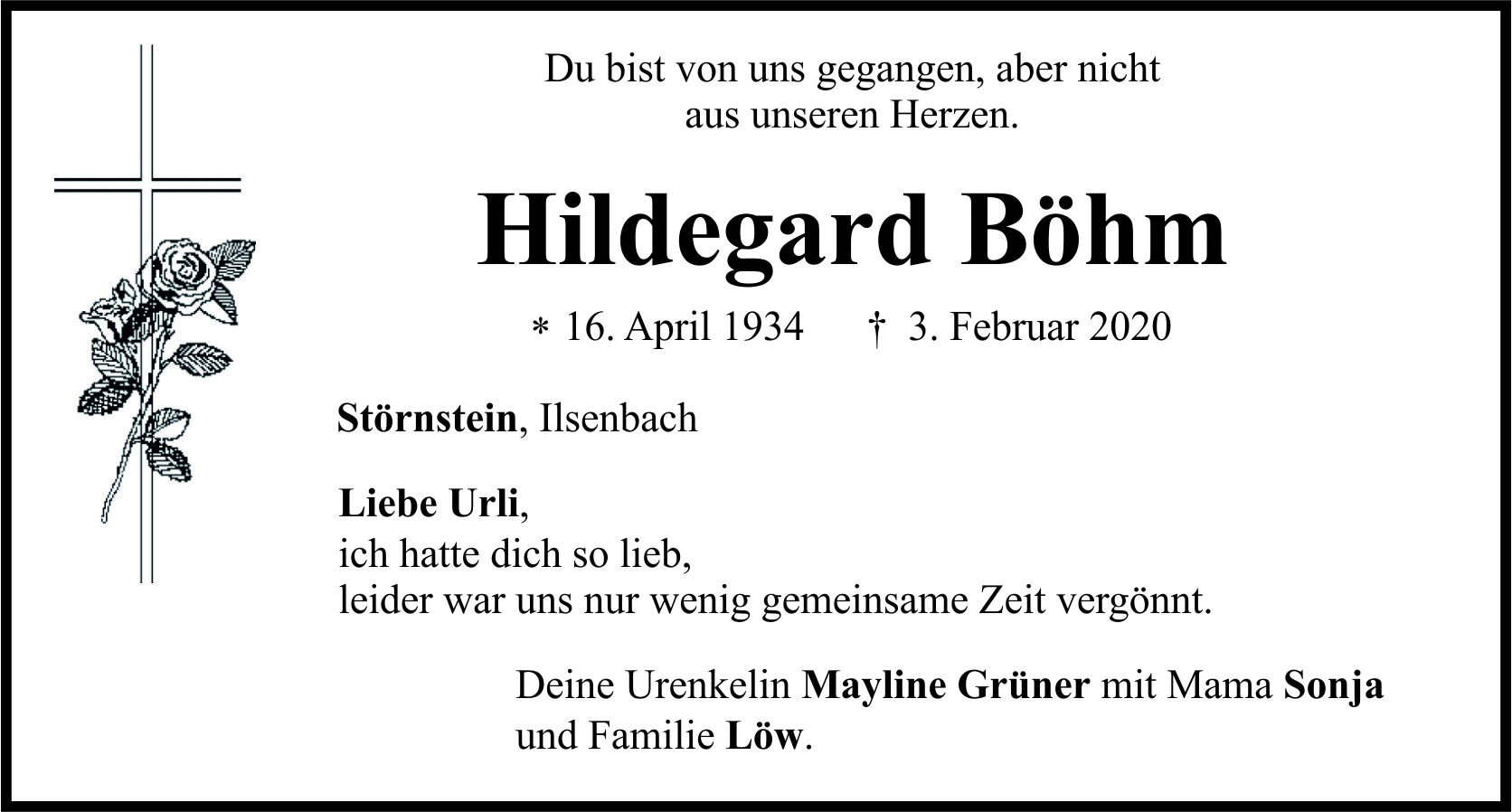 Traueranzeige Hildegard Böhm, Störnstein