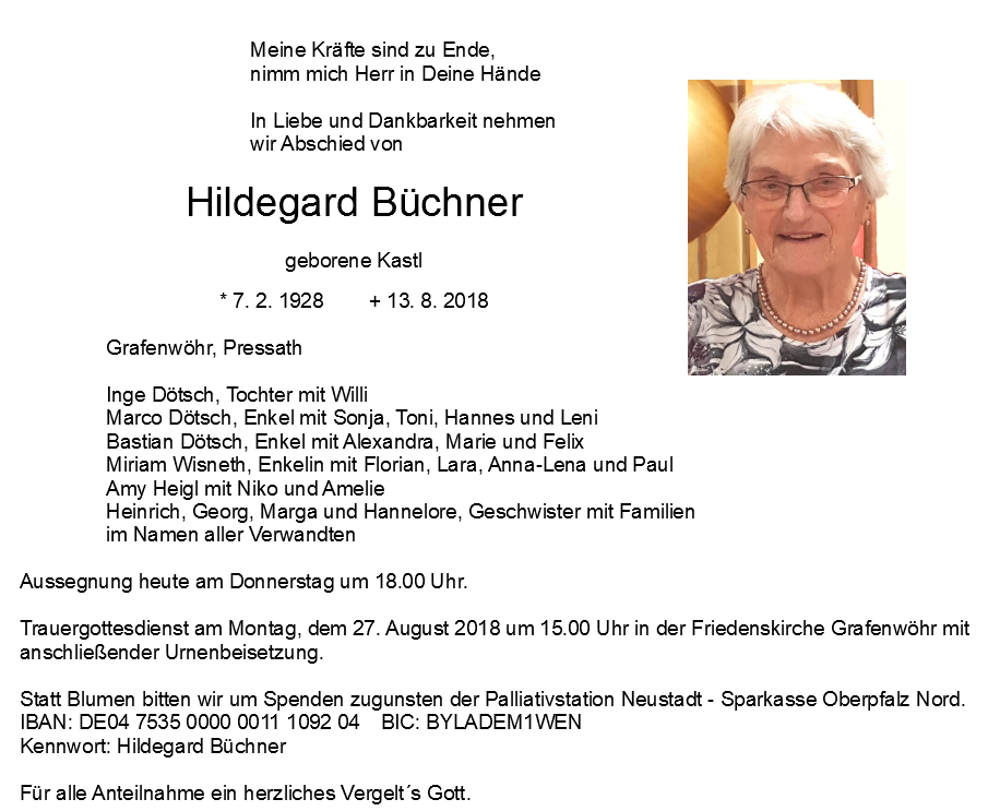 Traueranzeige Hildegard Büchner Grafenwöhr