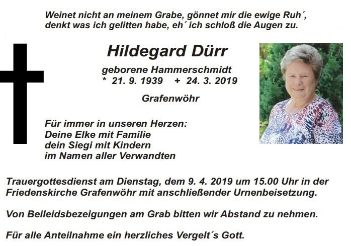 Traueranzeige Hildegard Dürr Grafenwöhr