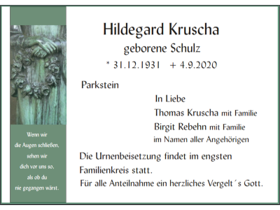 Traueranzeige Hildegard Kruscha, Parkstein 400x300