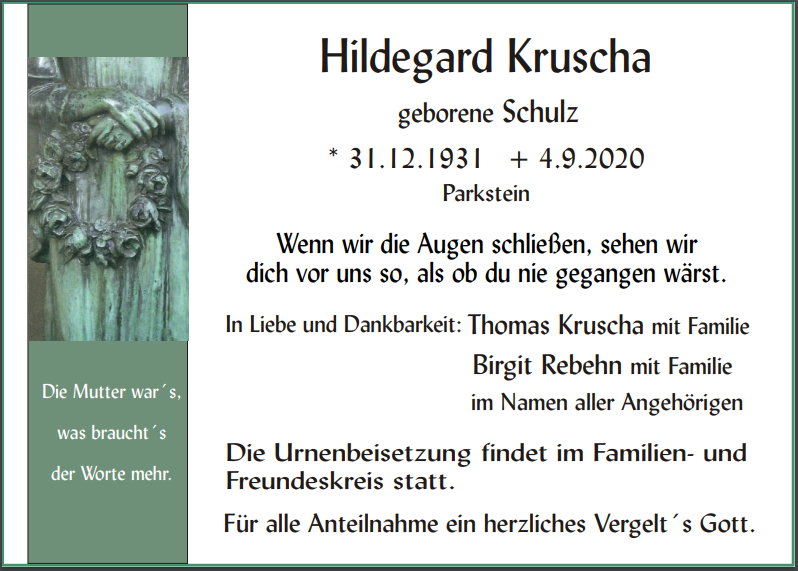 Traueranzeige Hildegard Kruscha, Parkstein.