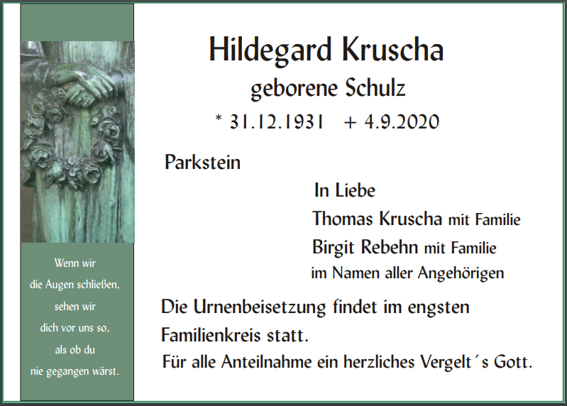 Traueranzeige Hildegard Kruscha, Parkstein