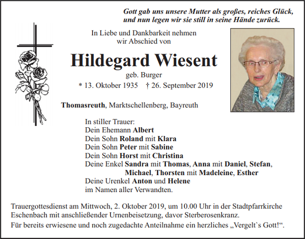 Traueranzeige Hildegard Wiesent Thomasreuth