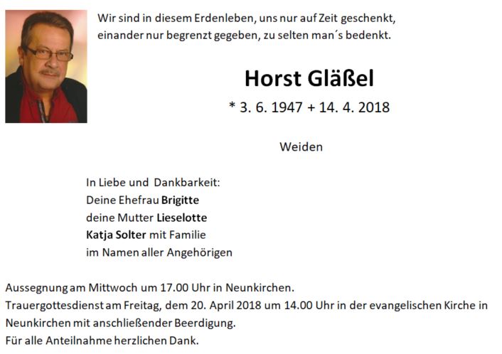 Traueranzeige Horst Gläßel Weiden