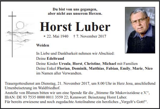 Traueranzeige Horst Luber, Weiden