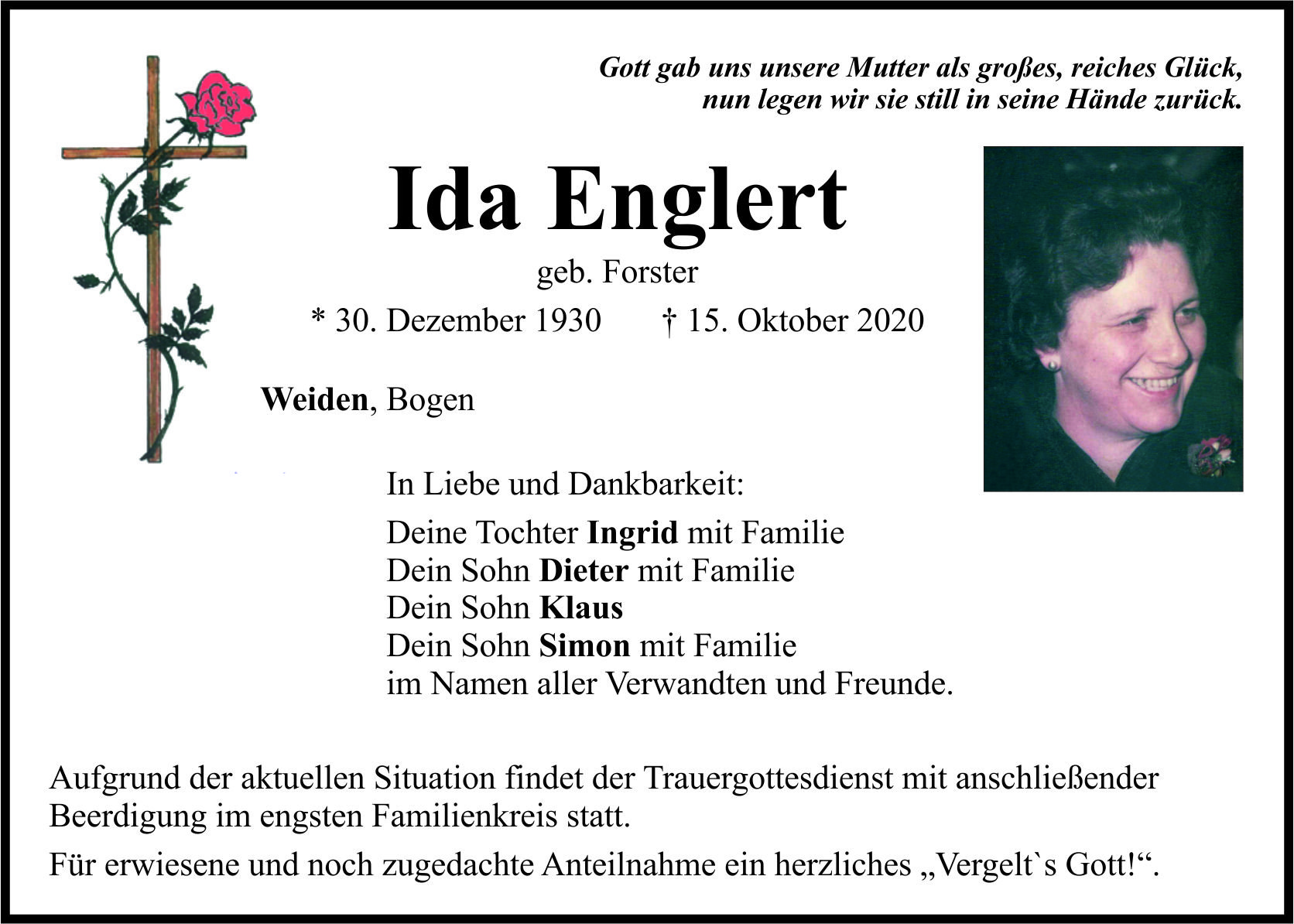 Traueranzeige Ida Englert, Weiden
