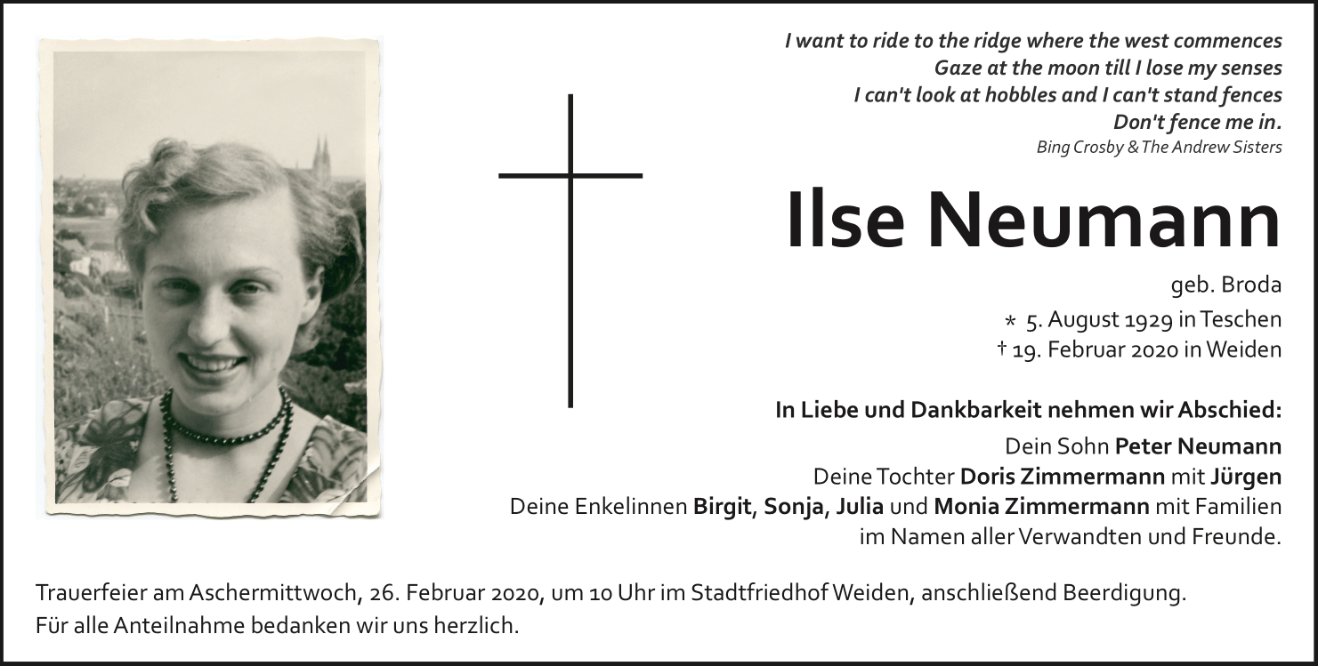 Traueranzeige Ilse Neumann, Weiden