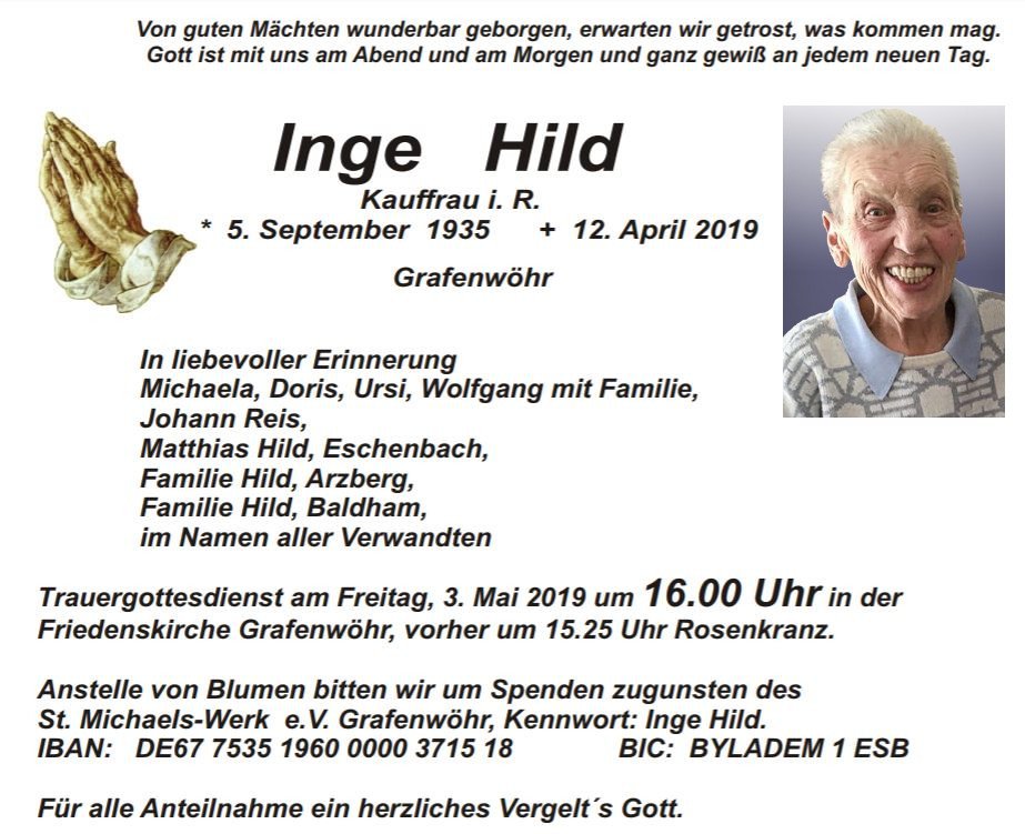 Traueranzeige Inge Hild Grafenwöhr