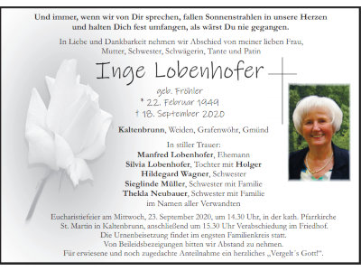Traueranzeige Inge Lobenhofer, Kaltenbrunn 400x300