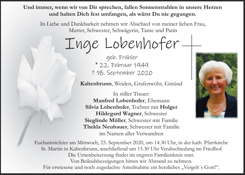 Traueranzeige Inge Lobenhofer, Kaltenbrunn