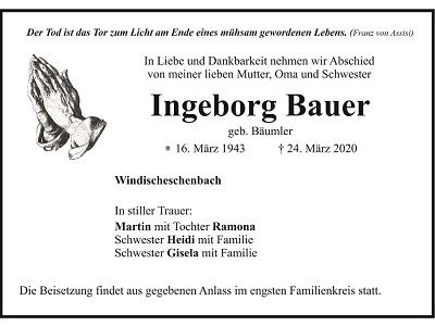 Traueranzeige Ingeborg Bauer Windischeschenbach 400x300