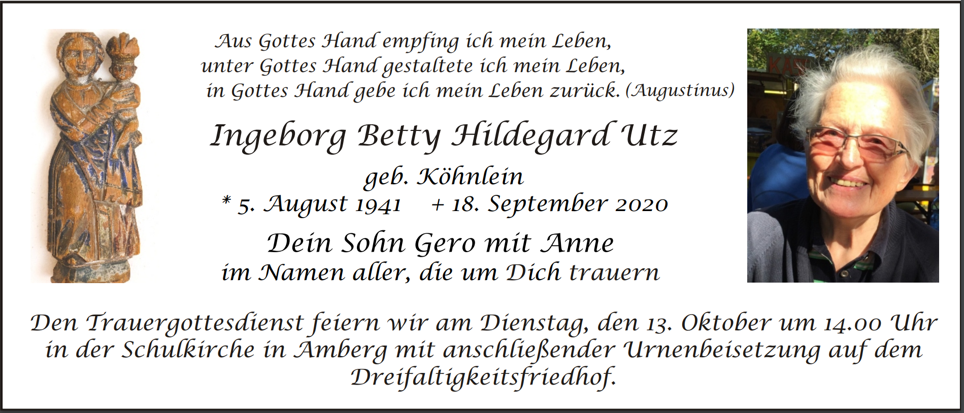 Traueranzeige Ingeborg Betty Hildegard Utz, Amberg