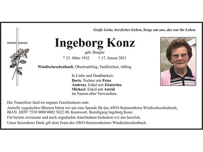 Traueranzeige Ingeborg Konz Windischeschenbach 400x300