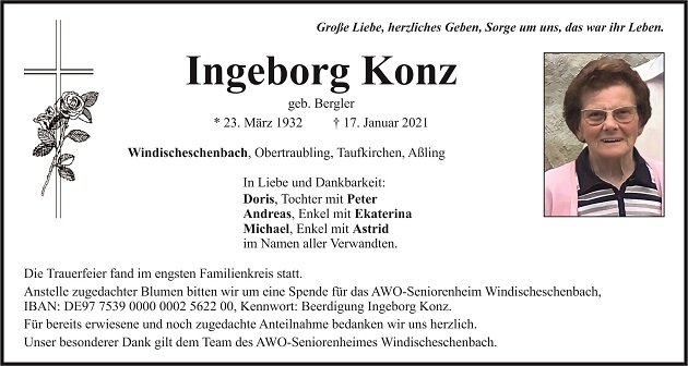Traueranzeige Ingeborg Konz Windischeschenbach