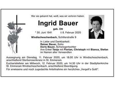 Traueranzeige Ingrid Bauer Windischeschenbach 400x300