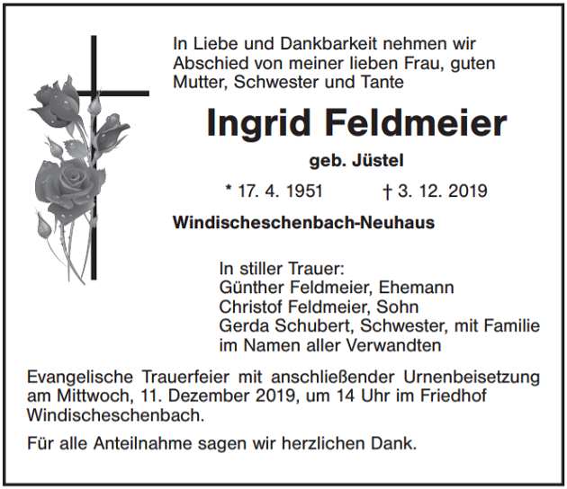 Traueranzeige Ingrid Feldmeier Windischeschenbach-Neuhaus
